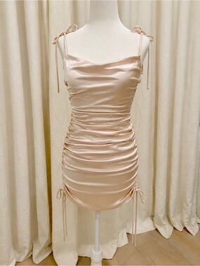 Hello Molly Champagne Satin Ruched Tie-Shoulder Mini Dress